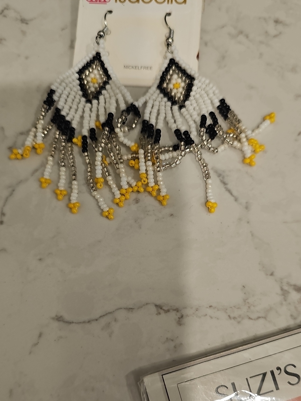 White, Black & Yellow NWT Beaded Fringe Earrings